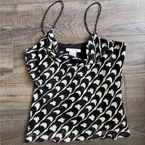 Ice 90s 100% Silk Black and White Patterned Tank Top w Beaded Straps